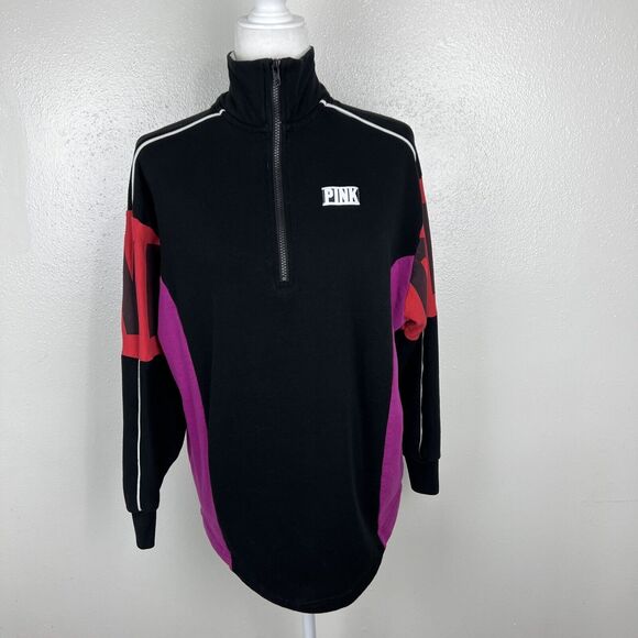 Pink Victoria's Secret Sweater Women Medium Black Colorblock Pullover 3/4 Zip - Picture 16 of 16